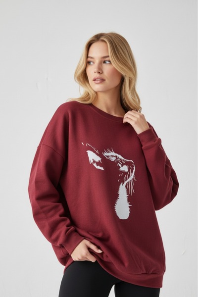 KOZİA OUTDOORS Hanorac de damă oversize cu guler rotund și imprimeu cu pisici