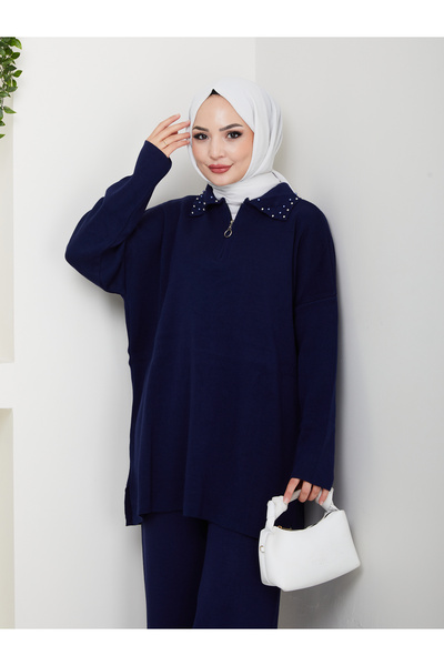 MY QILAM Women's Hijab Set Zippered Pearl Detailed Shirt Collar Knitwear Bottom Top Set Navy Blue