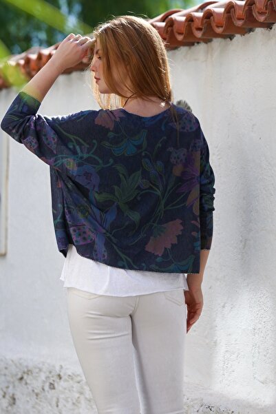 Chiccy Italian Navy Blue Pool Collar Long Sleeve Patterned Thin Two-Piece Set Inside Sleeveless Combed Knitwear Blouse 70 60