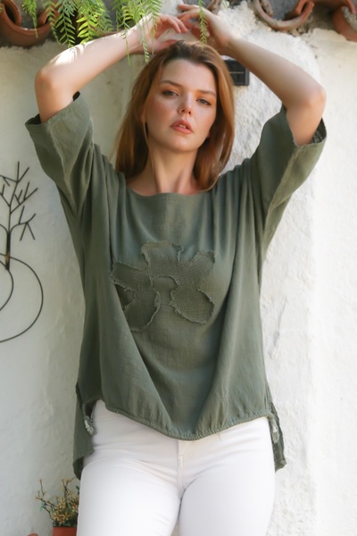 Chiccy Organic Cotton Khaki Pool Collar 3/4 Sleeve Mesh Detailed Appliqued Long Back Oversize Woven Blouse 70 68