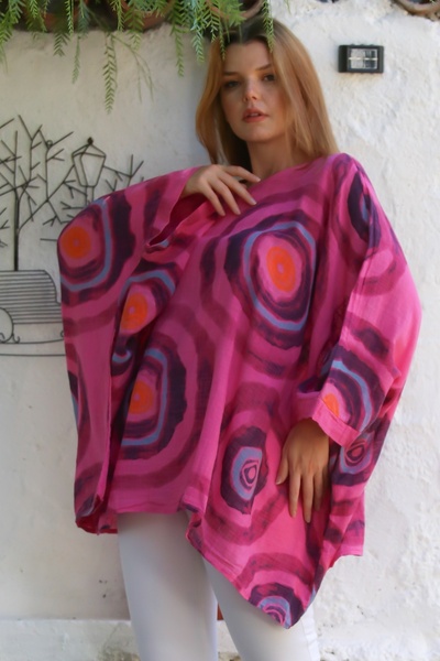 Chiccy Italian Fuchsia Pool Neckline Batwing Sleeve Geometric Patterned Linen Oversize Woven Tunic 80 120