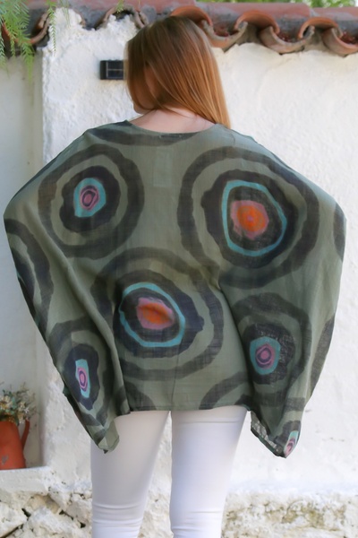 Chiccy Italian Khaki Pool Collar Batwing Sleeve Geometric Patterned Linen Oversize Woven Tunic 80 120