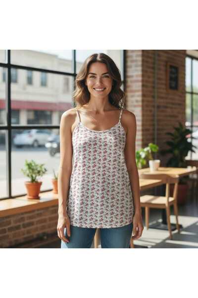 ESTA STORE Red and White Floral Patterned Tank Top with String Straps