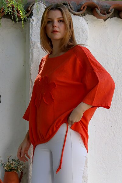 Chiccy Organic Cotton Pomegranate Blossom Pool Collar 3/4 Sleeve Mesh Detailed Applique Back Long Woven Blouse 70 68