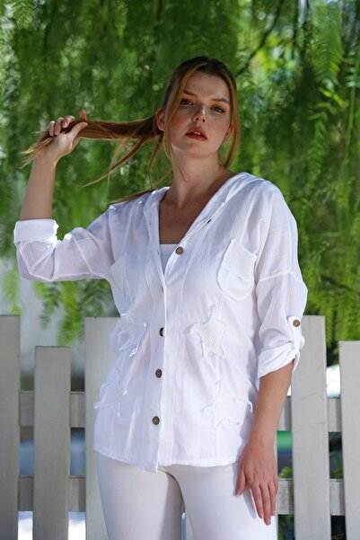 Chiccy Органічна бавовна Біла капюшонна куртка на ґудзиках з довгими рукавами, кишенями, сітчастими деталями та аплікаціями 70 60