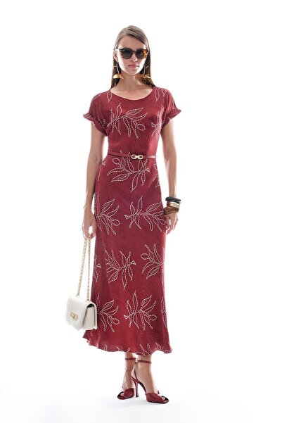 EXPLOSION Deri Kemerli Desenli Jakar Midi Elbise