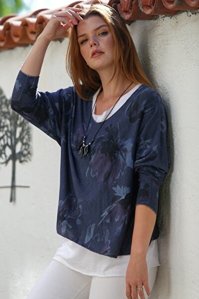 Chiccy Italian Navy Blue Pool Collar Long Sleeve Patterned Thin Two-Piece Set Inside Sleeveless Combed Knitwear Blouse 70 60