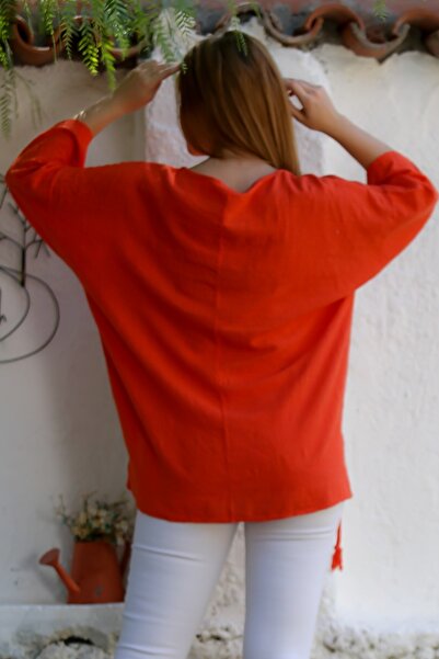 Chiccy Organic Cotton Pomegranate Blossom Pool Collar 3/4 Sleeve Mesh Detailed Applique Back Long Woven Blouse 70 68