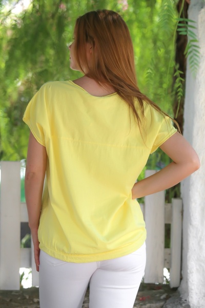 Chiccy Italian Yellow Round Neck Low Sleeve Tie-Up Allover Embroidered Cotton Woven Blouse 68 65