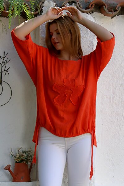 Chiccy Organic Cotton Pomegranate Blossom Pool Collar 3/4 Sleeve Mesh Detailed Applique Back Long Woven Blouse 70 68