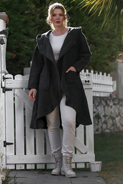 Chiccy Italian Anthracite Hooded Long Sleeve Collar Closure Buttoned Pocketed Cashmere Oversize Woven Coat 90 70