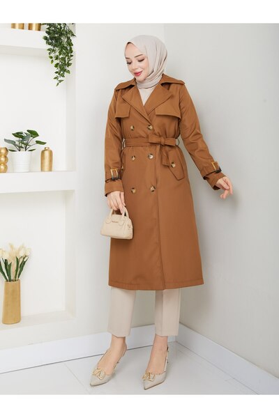 Vibeys Collection Women's Lined Trench Coat with Button Detail on the Back