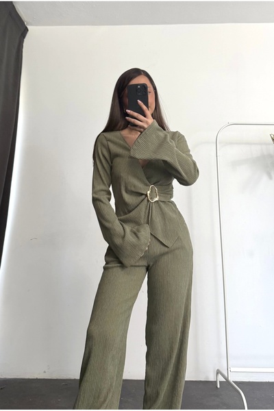 nona butik Double-Breasted Buckle Suit - Khaki