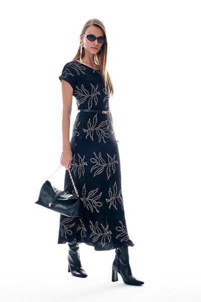 EXPLOSION Deri Kemerli Desenli Jakar Midi Elbise