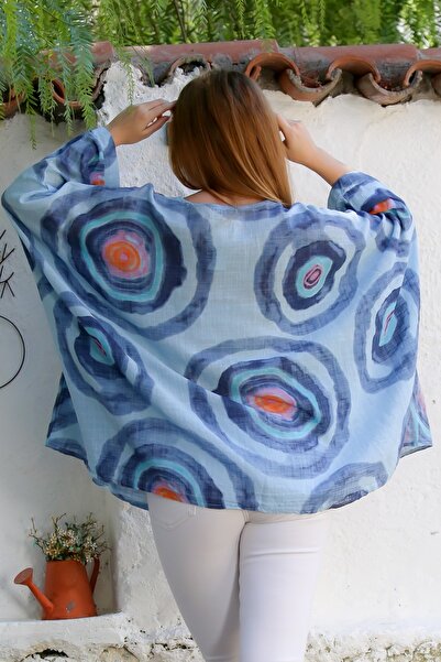 Chiccy Italian Blue Pool Collar Batwing Sleeve Geometric Patterned Linen Oversize Woven Tunic 80 120