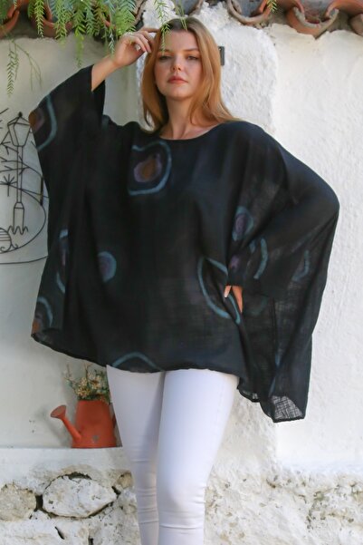 Chiccy Italian Black Pool Collar Bat Sleeve Geometric Patterned Linen Oversize Woven Tunic 80 120