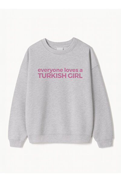 Disante Women's Oversize Fit Sweatshirt Turkish Girl Printed – Crew Neck, 3 Thread Fleece