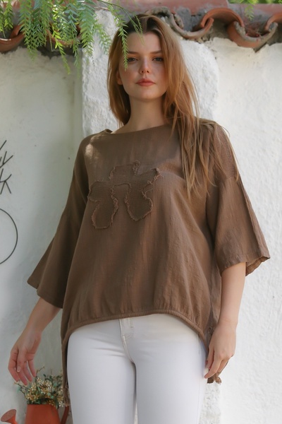 Chiccy Μπλούζα από οργανικό βαμβάκι καφέ με λαιμόκοψη 3/4 μανίκια με διχτυωτό λεπτομερές απλικέ στο πίσω μέρος μακριά υφασμένη μπλούζα 70 68