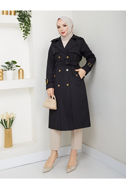 Vibeys Collection Women's Lined Trench Coat with Button Detail on the Back