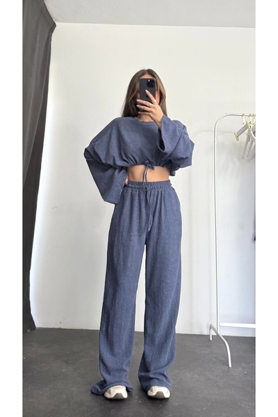 nona butik Ellish Waist Drawstring Suit - Navy Blue
