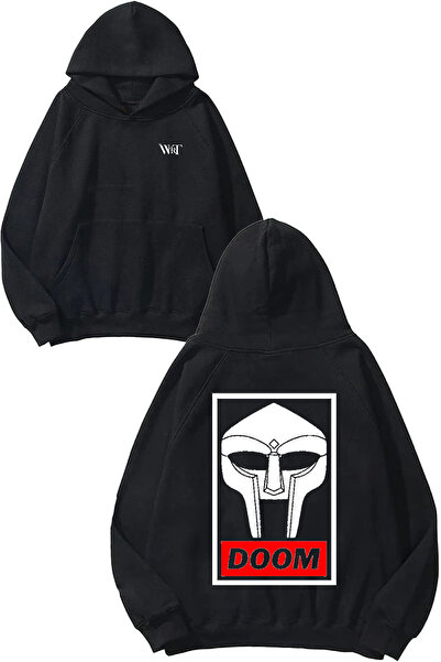THEWERT Hanorac negru cu glugă cu imprimeu pe spate Mf Doom 8 Design