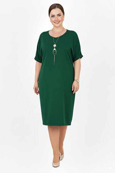 Barato Linen Plus Size Pocket Detailed Green Premium Dress