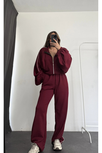 nona butik Haley Striped Tracksuit Set - Burgundy