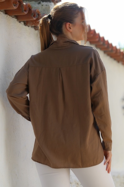 Chiccy Organic Cotton Brown Shirt Collar Long Sleeve Double Flap Pocket Long Woven Back Shirt 70 65