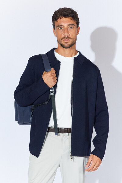 Manche Çİft Tarafı Fermuarlı İki Renkli Hırka - Lacivert | MEW515230-01