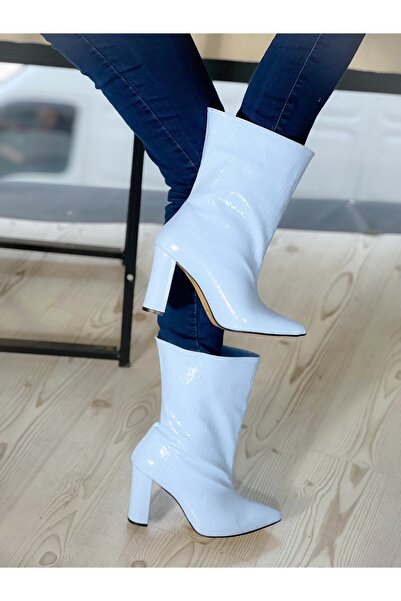 BERFONA PARIS BABY BLUE QUILTED Patent Leather Heeled SHORT BOOTS BOTTİE