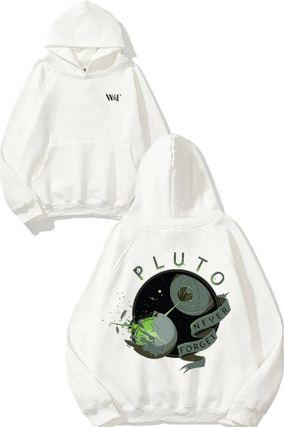 THEWERT Pluto Never Forget 5 Design Back Printed White Hooded Sweatshirt