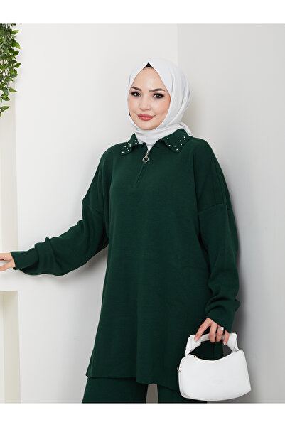MY QILAM Women's Hijab Set Zippered Pearl Detailed Shirt Collar Knitwear Bottom Top Set Green