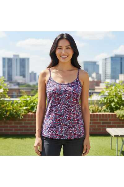 ESTA STORE Navy Blue Red Pink Floral Patterned Strap Tank Top
