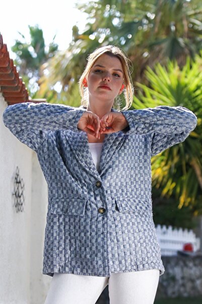 Chiccy Італійський синій піджак з коміром, довгими рукавами, картатим візерунком, ґудзиками та стьобаним плетінням 82 60