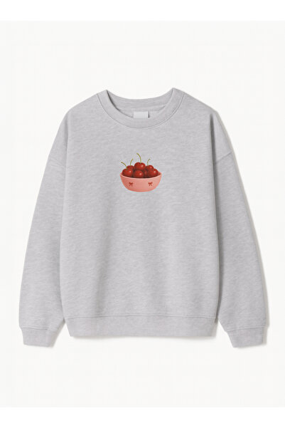 Disante Women's Oversize Fit Sweatshirt Cherry Printed – Crew Neck, 3 Thread Fleece