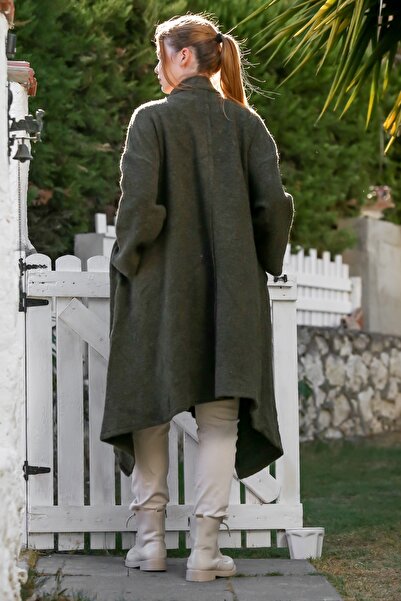 Chiccy Italian Khaki Judge Collar Long Sleeve Zippered Hidden Pocket Cashmere Oversize Woven Coat 105 70