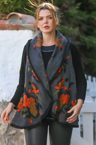 Chiccy Italian Gray Shawl Collar Sleeveless Textured Unfastened No Pockets Suzene Embroidered Cashmere Woven Vest 75 65