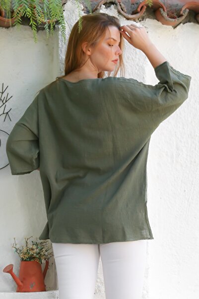 Chiccy Organic Cotton Khaki Pool Collar 3/4 Sleeve Mesh Detailed Appliqued Long Back Oversize Woven Blouse 70 68