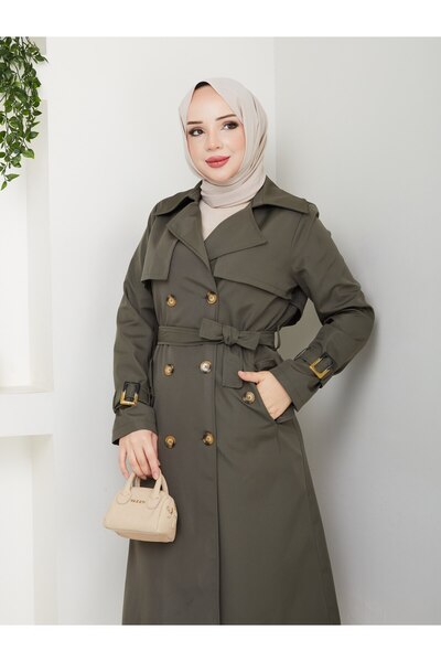 Vibeys Collection Women's Lined Trench Coat with Button Detail on the Back