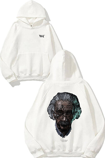 THEWERT Albert Einstein Design Hanorac alb cu glugă cu imprimeu pe spate