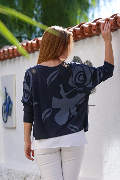 Chiccy Italian Navy Blue Pool Collar Long Sleeve Patterned Thin Two-Piece Set Inside Sleeveless Combed Knitwear Blouse 70 60