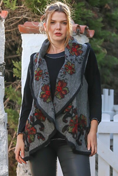 Chiccy Italian Dark Gray Shawl Collar Sleeveless Textured Unfastened No Pocket Suzene Embroidered Cashmere Woven Vest 75 65