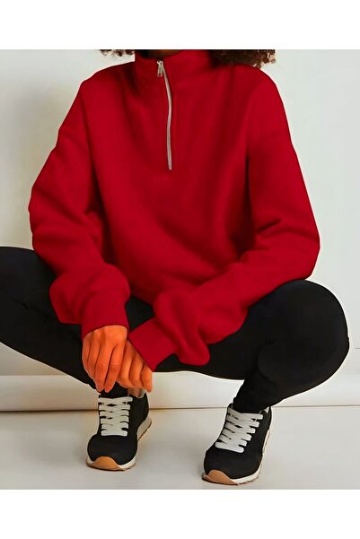 trendgar Kadın Kırmızı Dik Yakalı Yarım Fermuarlı Sweatshirt
