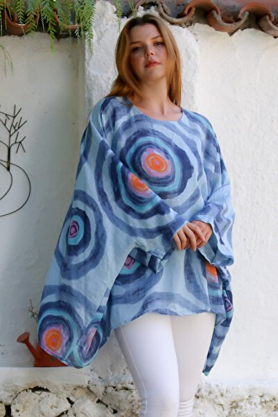 Chiccy Italian Blue Pool Collar Batwing Sleeve Geometric Patterned Linen Oversize Woven Tunic 80 120
