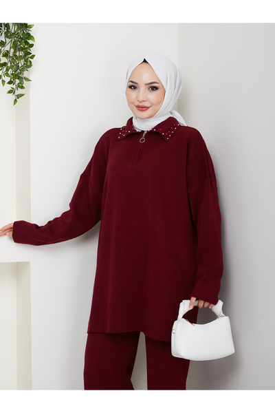 MY QILAM Women's Hijab Set Zippered Pearl Detailed Shirt Collar Knitwear Bottom Top Set Burgundy