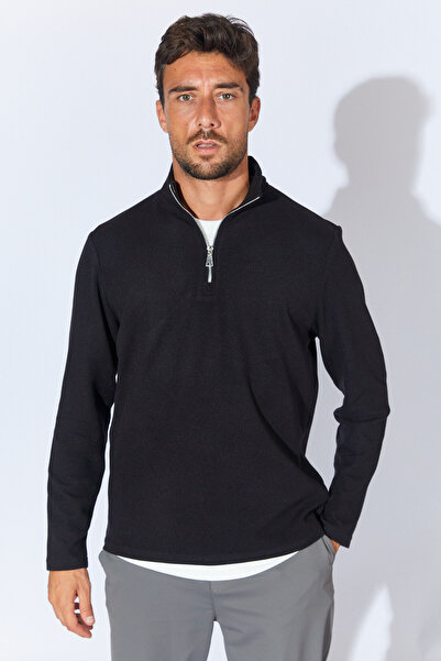 Manche Yarım Fermuarlı Balıkçı Yaka Sweatshirt - Siyah | MEW224831-01