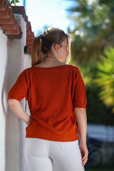 Chiccy Orange V-Neck 3/4 Sleeve Slim Back Long Crop Fit Knitwear Blouse 50 60
