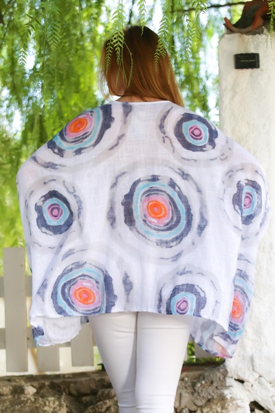 Chiccy Italian White Pool Collar Batwing Sleeve Geometric Patterned Linen Oversize Woven Tunic 80 120