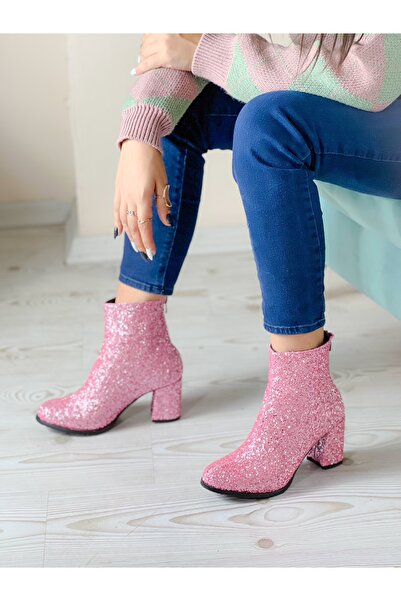 BERFONA Star Pink Stone Heeled Boots Bottie