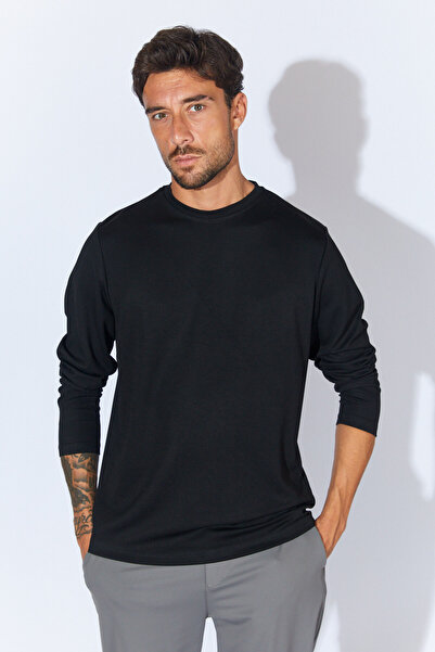 Manche Bisiklet Yaka Regular Fit Basic T-Shirt - Siyah | MEW221705-01